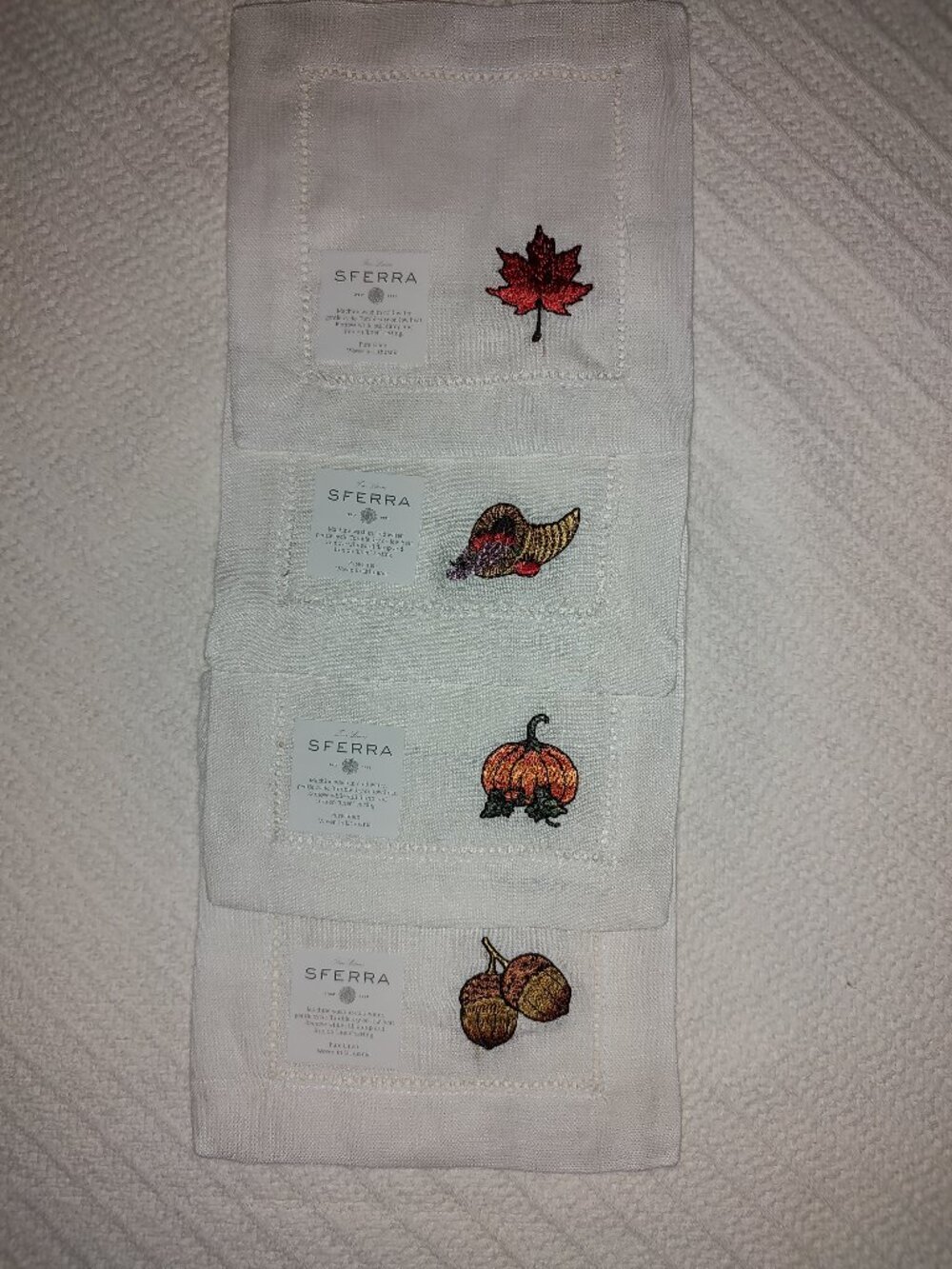 SFERRA COCKTAIL NAPKINS FOUR EMBROIDEED WHITE 100% LINEN 6x6 AUTUMN THEME NWT